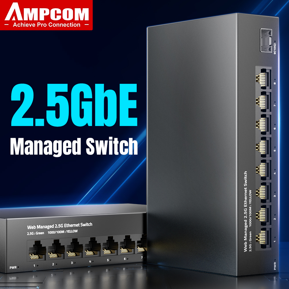 Sfp+ 10G Managed Switch 8 Port - Ampcomイーサネットネットワークスイッチ、ファンレス、8ポート、2.5 GBASE-T、10g sfp plusスロット、アップリンクWeb管理、qos、vlan、レース